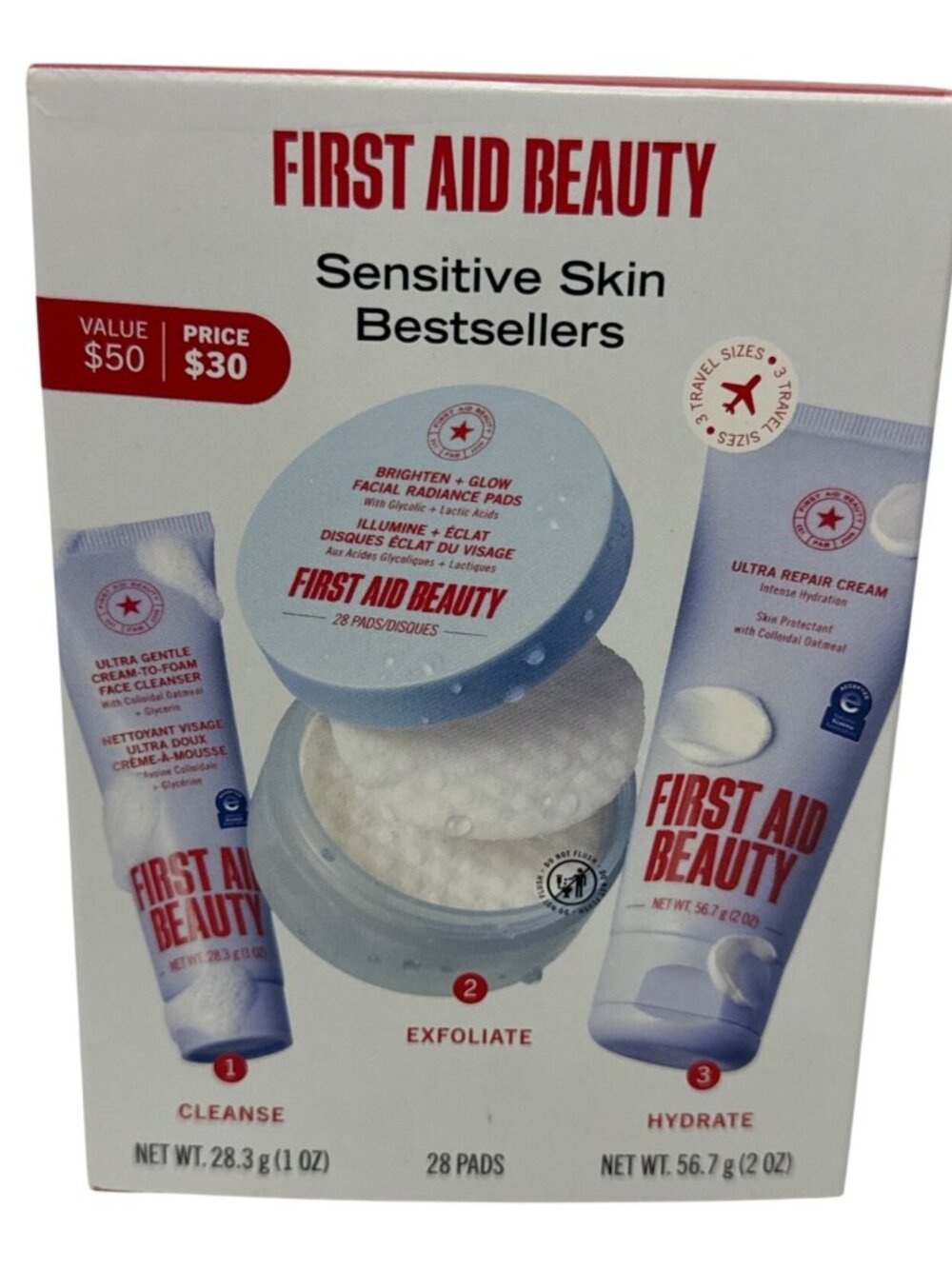 First Aid Beauty Sensitive Skin Bestsellers 3-Pc Travel Set NEW Hydrate Cleanse